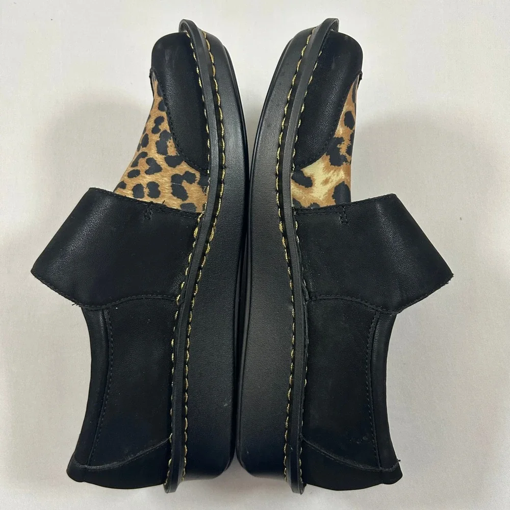 Alegria Loafers Womens 37 / 7 Black Sarah Leopard Animal Print Leather Hook Loop - Picture 10 of 11